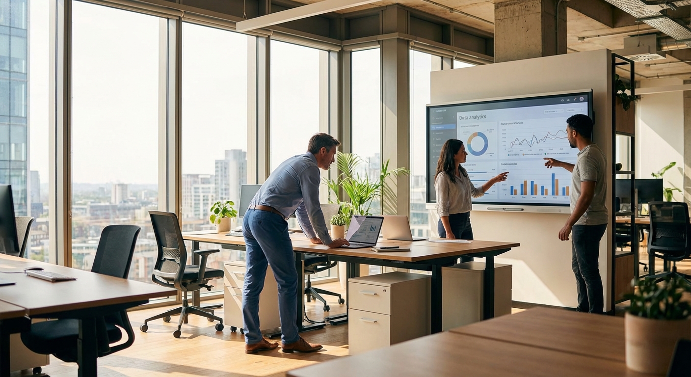 Un open space moderne et lumineux avec des baies vitrées, où un manager se tient debout